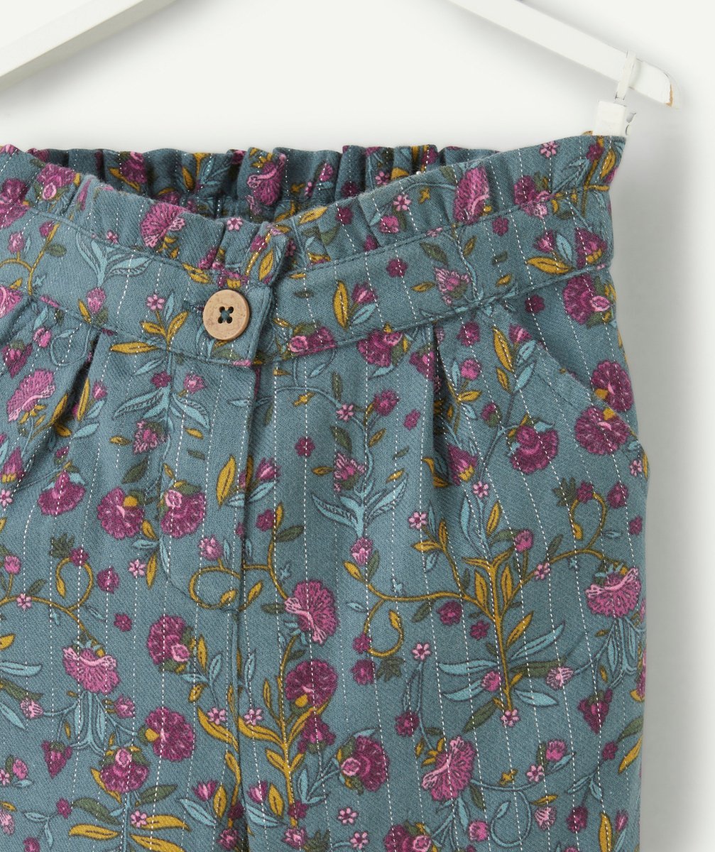 PANTALON CHINO BÉBÉ FILLE BLEU CANARD IMPRIMÉ FLORAL AVEC LISERÉS