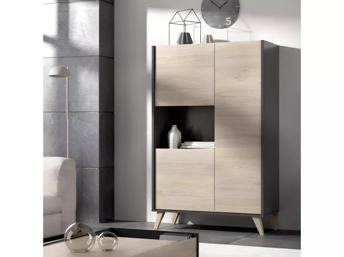 Buffet Meuble de rangement 3 portes coloris graphite/naturel - Longueur 81 x Hauteur 135 x Profondeur 43 cm