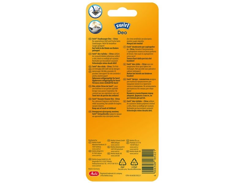 Swirl Duftsticks Zitrone 5x Deo-Sticks für Staubfilterbeutel