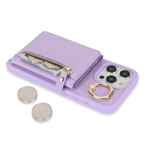 iPhone 14 Pro Necklace Leder Hülle mit Münzfach und Kartenfächer   Finger Griff Halterung   Handykette - Lila