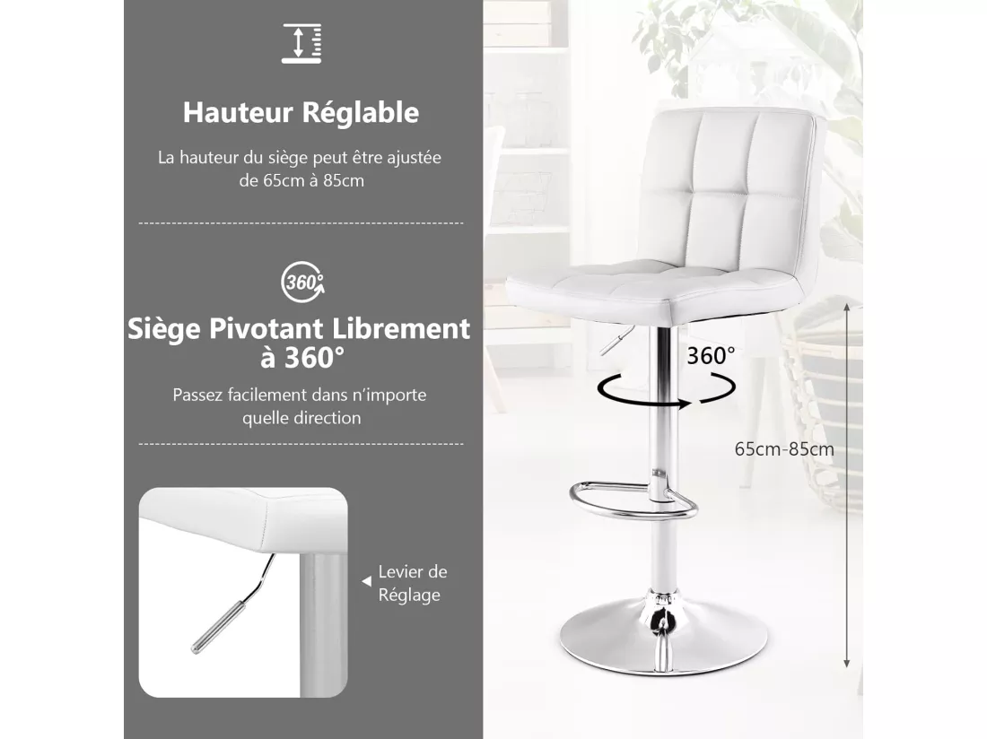 Tabouret de bar, pivotante, hauteur réglable 65-85 cm, repose-pieds,avec dossier (Blanc,1)