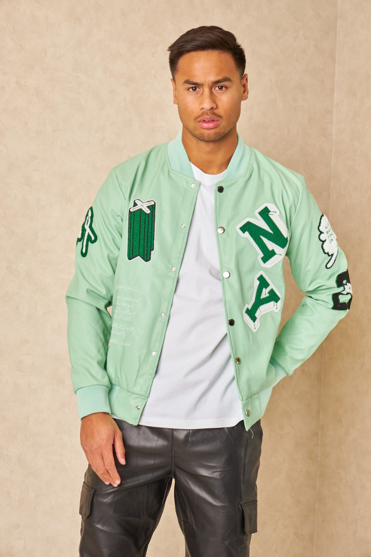 Bomber en simili cuir vert clair brodée 