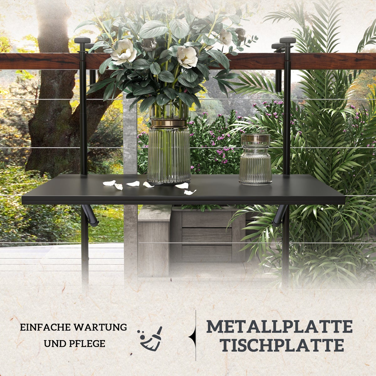 Outsunny Balkon Hangtafel, Opvouwbaar, 3-voudig in hoogte verstelbaar, Draagvermogen tot 15 kg, 62 x 60 cm, Metaal, Zwart