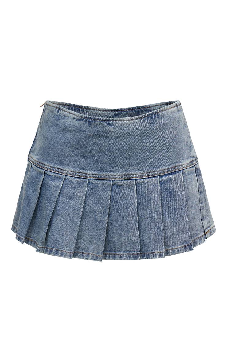 Vintage Mini-jupe Plissée En Denim Indigo Brut Taille Mi-haute