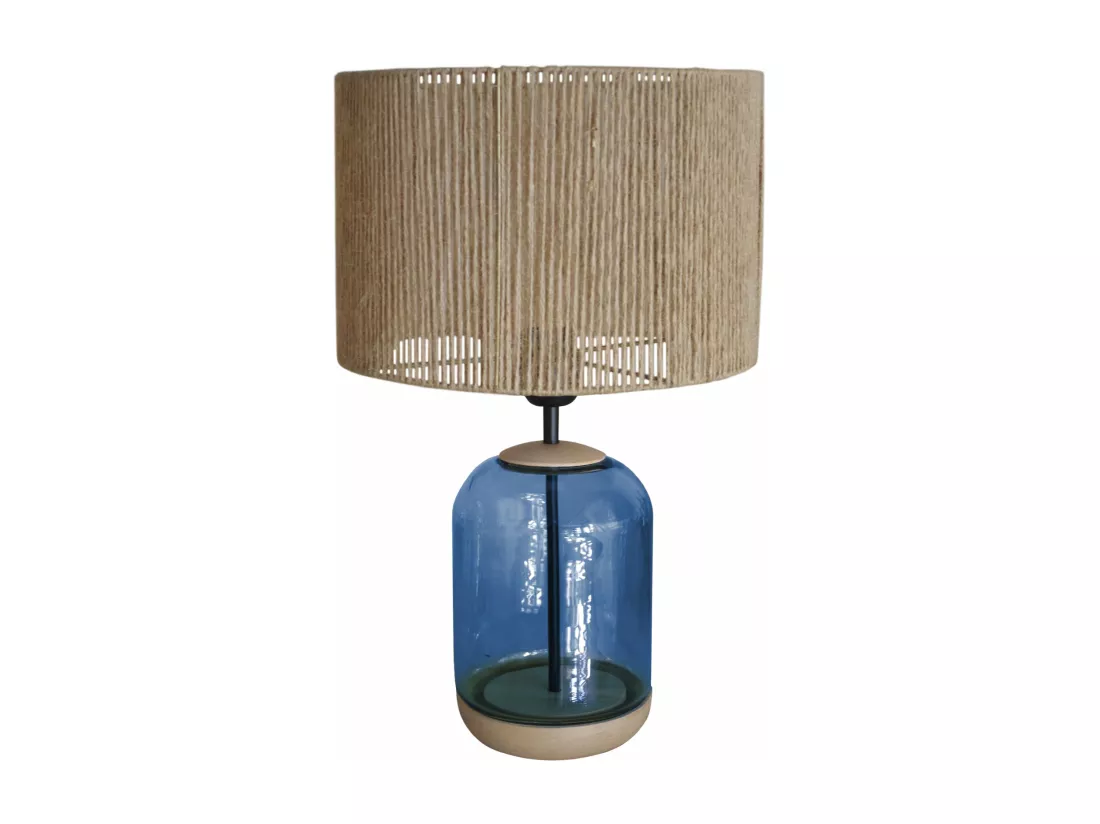 Lampe de chevet cylindre bois,verre,bleu,fillage jute 50 cm.