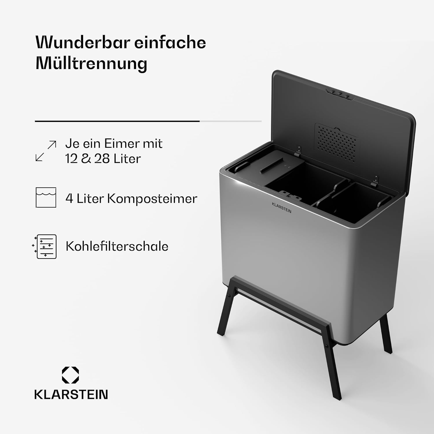 Klarstein Yuma Mülleimer – 40-Liter-Abfalleimer für die Küche mit 3 Fächern und Aktivkohlefilter, Edelstahlgehäuse, abnehmbarer Kompostbehälter, Öffnung auf Knopfdruck, geruchslos, Mülltrennsystem