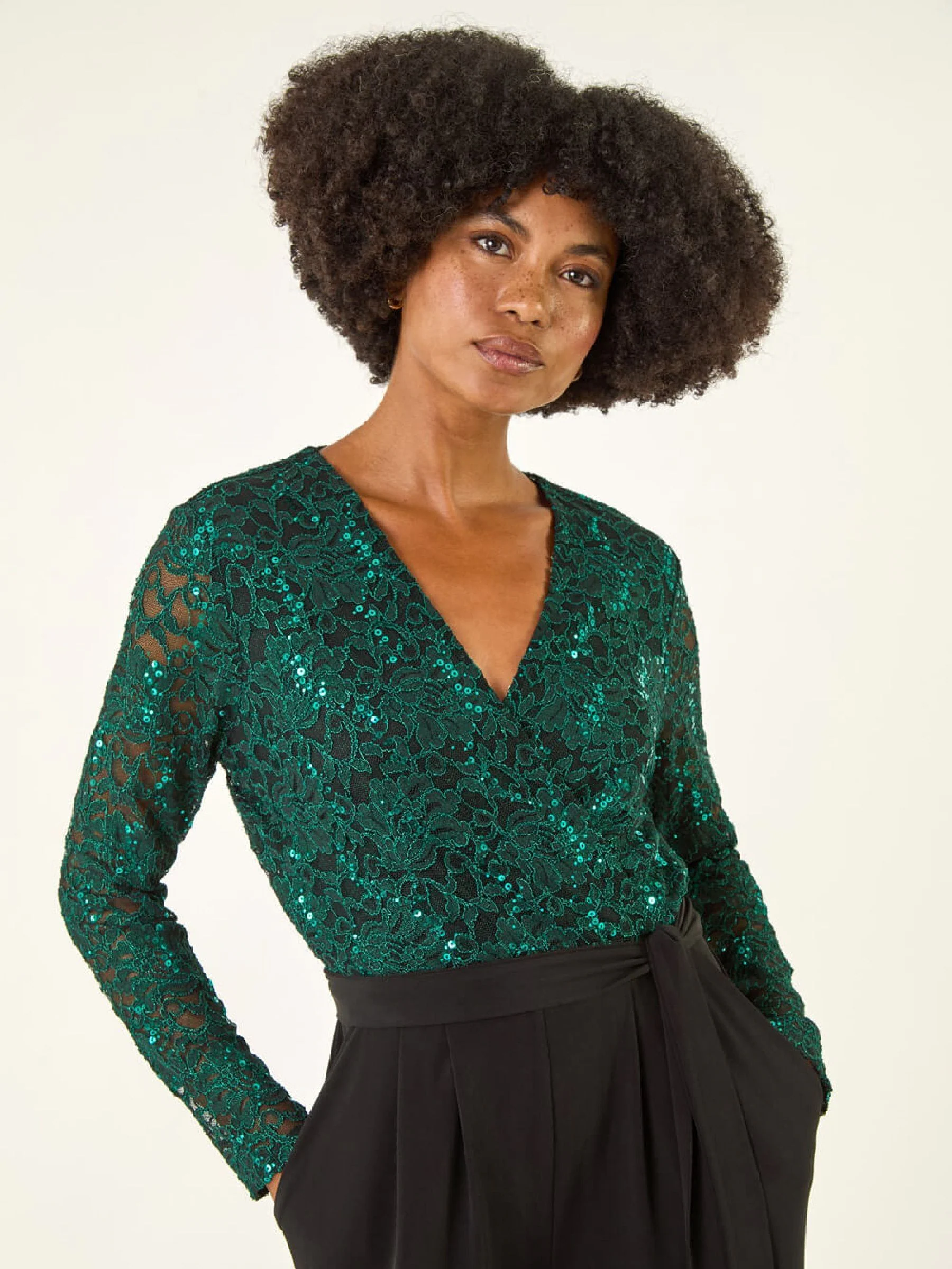 Groen - Roman Pailletten Kant V-hals stretchy Jumpsuit