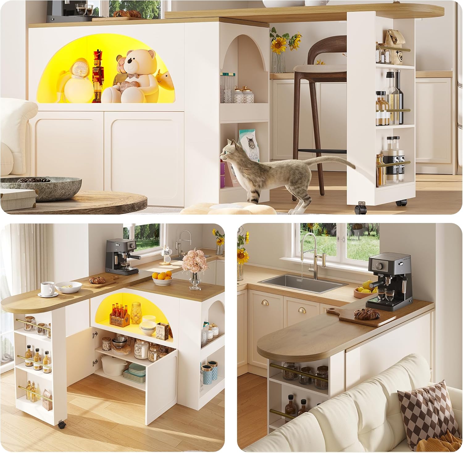 Bladez Ausziehbarer Bartisch mit Stauraum, Moderner Beweglicher Bar Table mit Rollen, Teleskopischer Bartisch mit LED Hochtisch Kücheninsel, Drehbares Sideboard Essbar(C-Weiß LED)