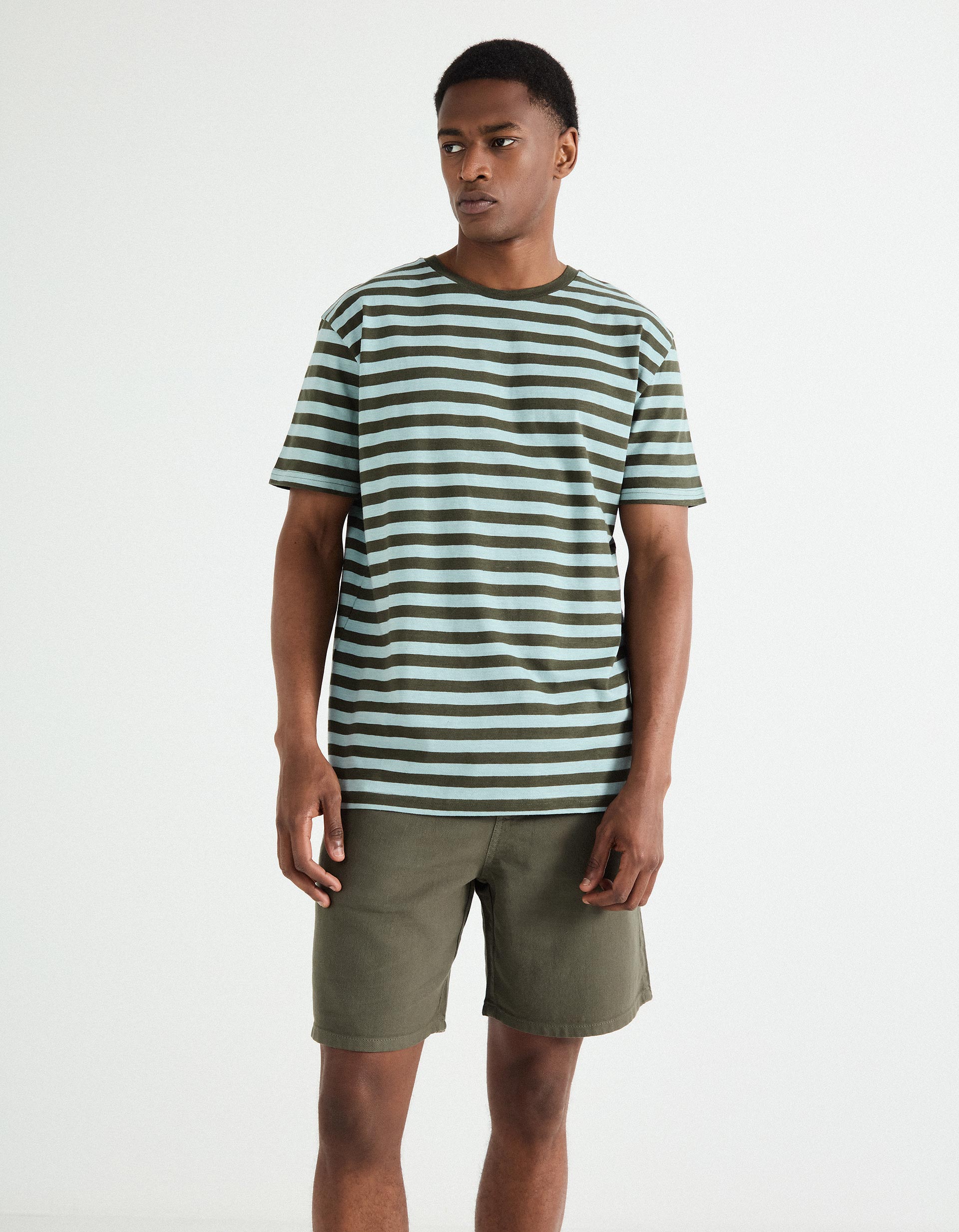 T-shirt de Riscas, Homem, Verde Escuro