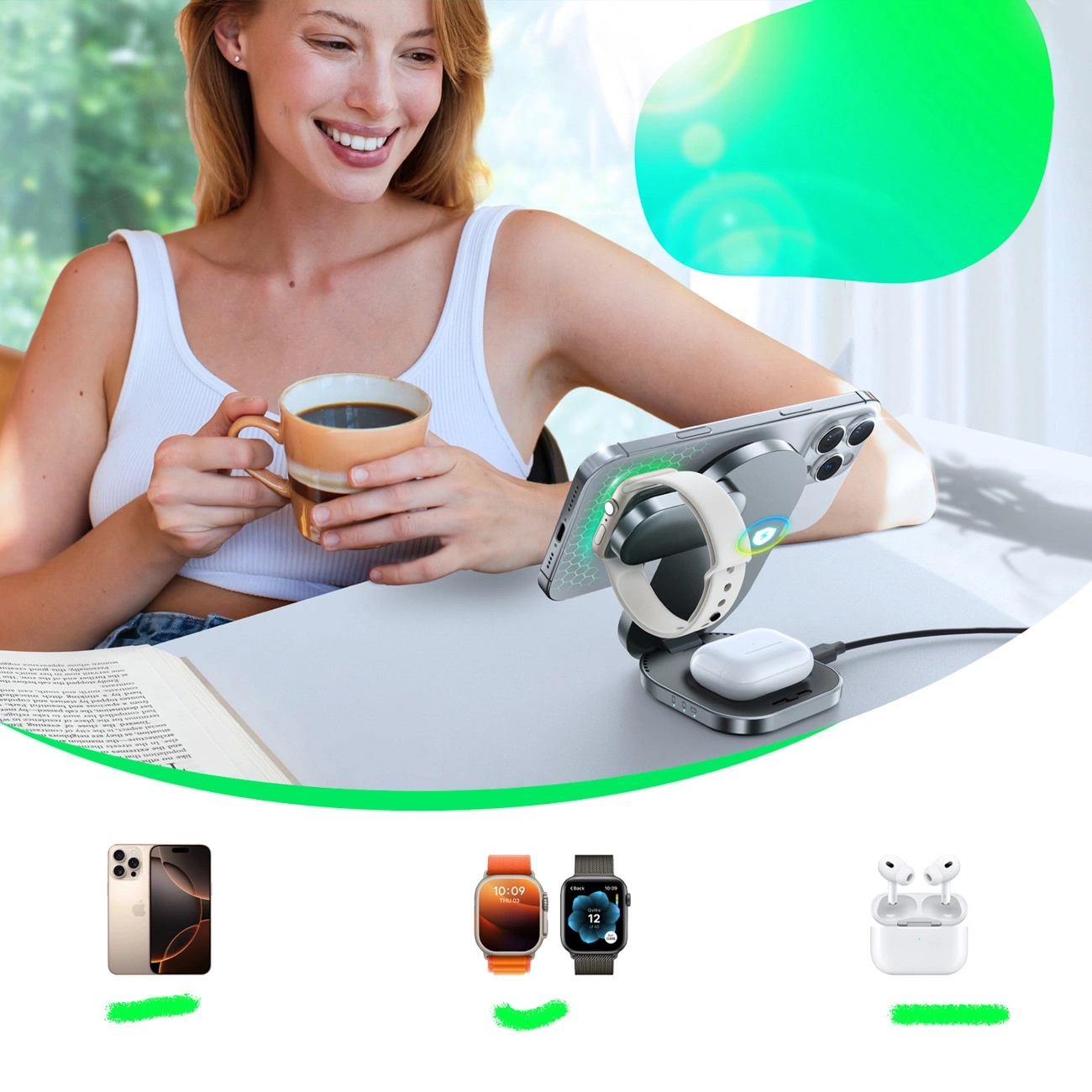 (15W) 3in1 MagSafe Ladegerät Qi2 Wireless Charger Ladeständer für Apple Watch / Smartphone / AirPods (JR-W17) - Schwarz