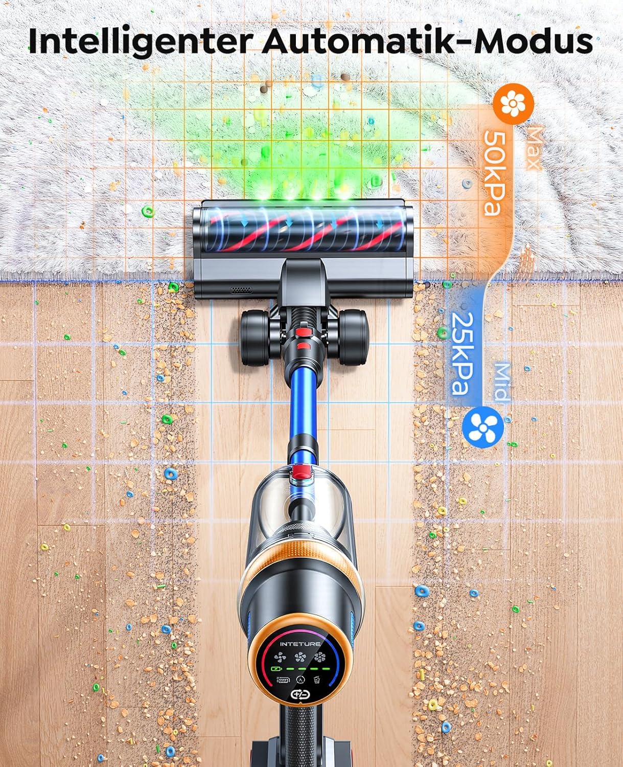 Akku Staubsauger 600W/50KPA/65Min,Selbststehender Staubsauger Kabellos mit Matratzenreinigungsbürste,Automatikmodus,Wandladestation,Duftfunktion,Mehrstufige Filtration für Teppiche/Hartböden/Auto