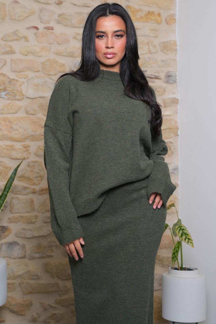 Ensemble 2 pièces pull + jupe kaki texturée