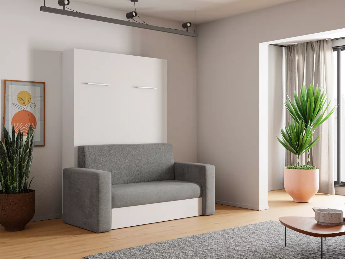Lit escamotable canapé 140 x 200 cm - Ouverture verticale manuelle - Blanc et gris - VACIALA II