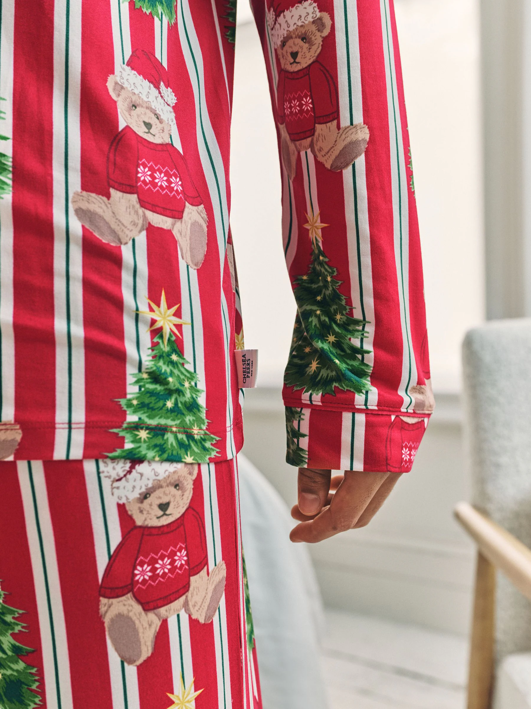 Chelsea Peers lange kerstpyjama met teddybeer en strepen