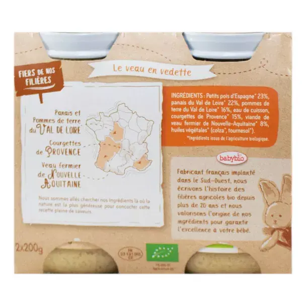 Almoço Babybio com Ervilhas, Pastinacas, Abobrinha e Vitela +6 meses Orgânico 2 x 200g
