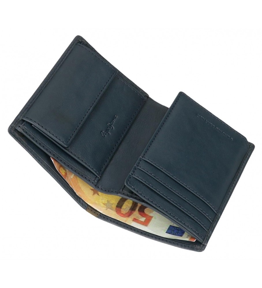 Carteira vertical Pepe Jeans Marshal em couro com porta-moedas azul marinho