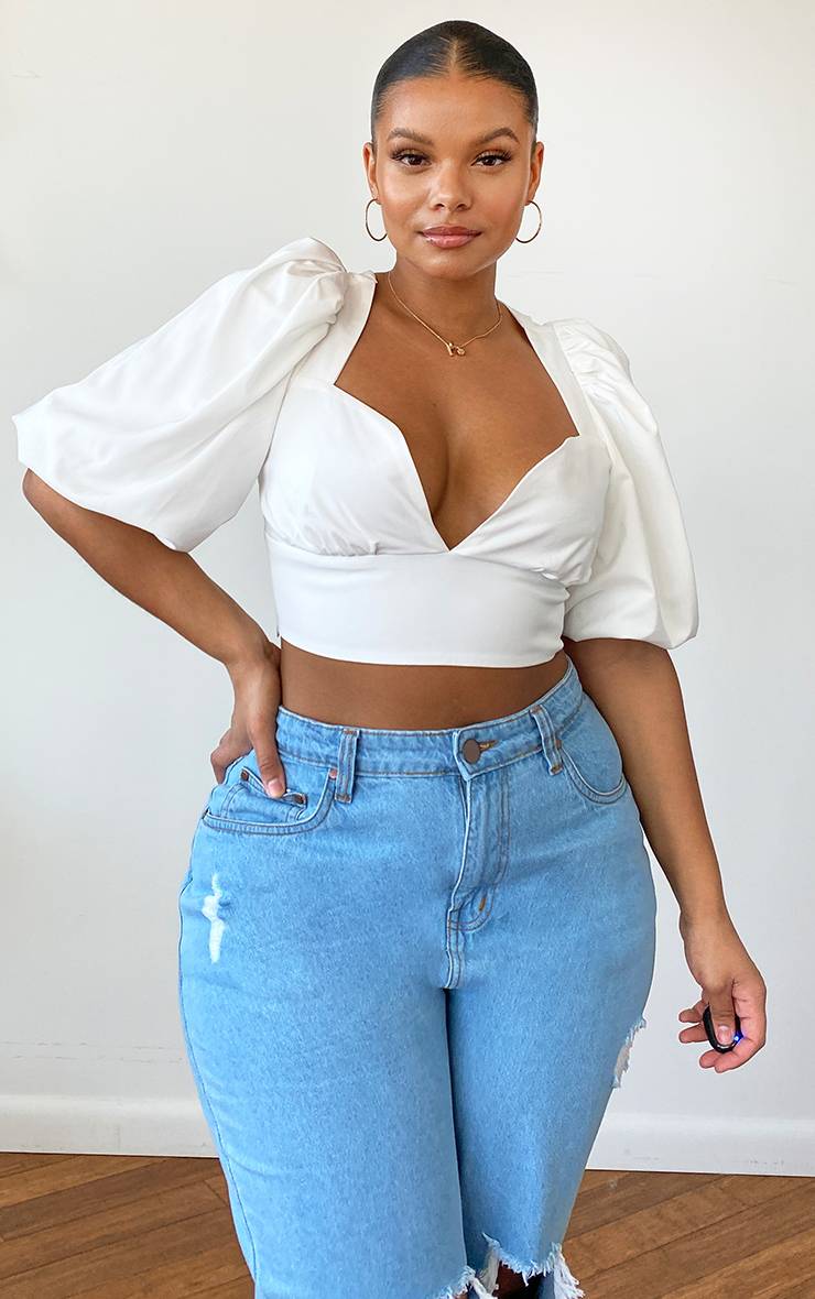 Blanc Haut Court Structuré Grande Taille À Manches Bouffantes Tissées