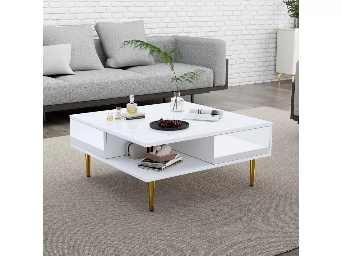 Table basse carrée avec 2 tiroirs et 2 compartiments ouverts - 70 x 70 x 36 cm - Pieds dorés - Blanc brillant
