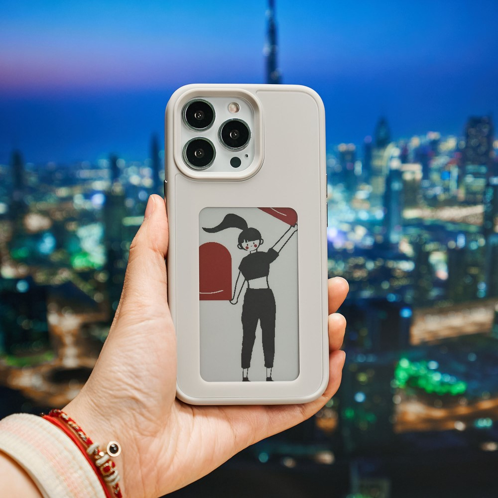 iPhone 15 Pro Hybrid Hülle TPU Bumper mit Acryl Rückseite   DIY E-Ink Display mit NFC Technologie - Grau