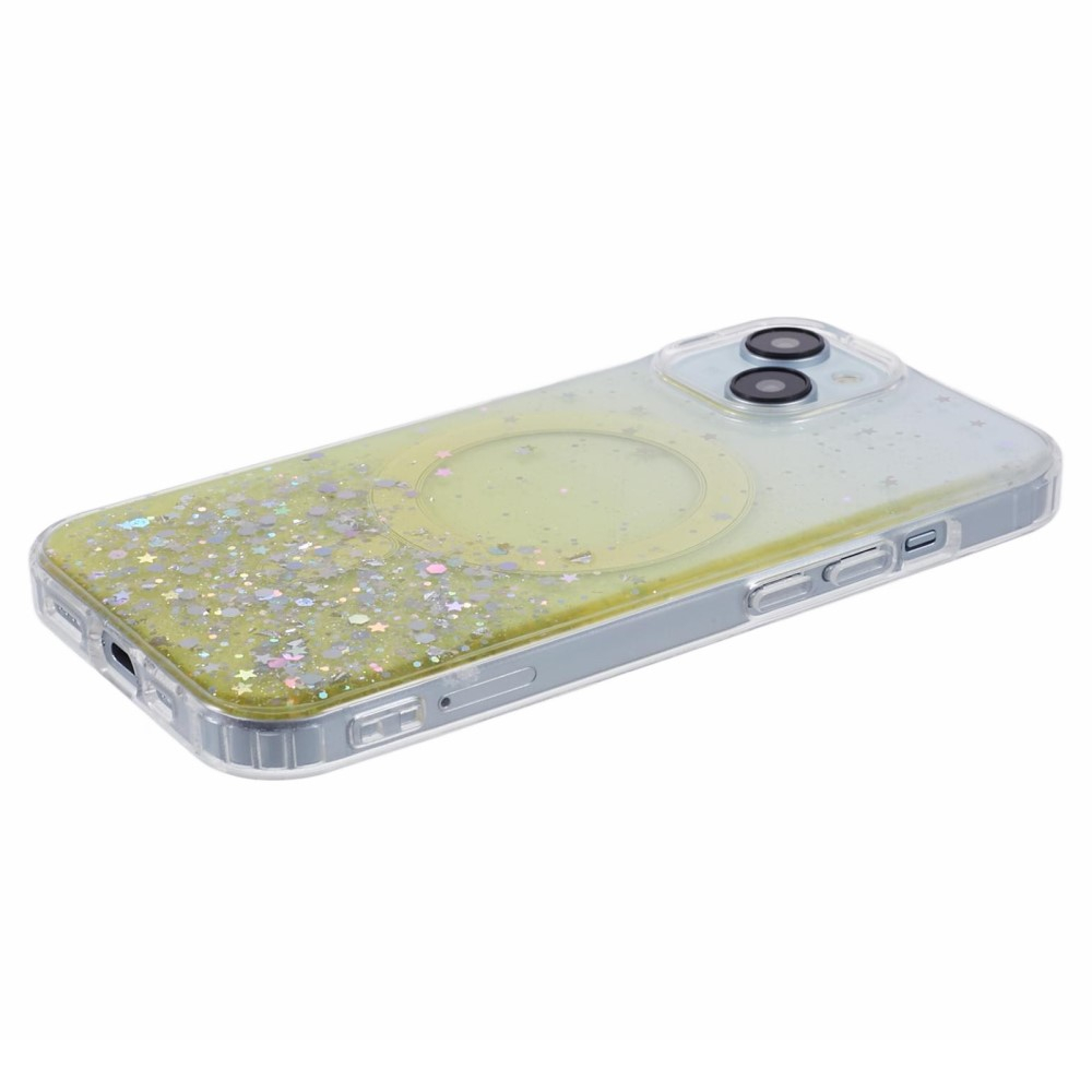 iPhone 13 MagSafe Hülle mit Acryl Rückseite und Farbverlauf im Glitzer Design - Gelb