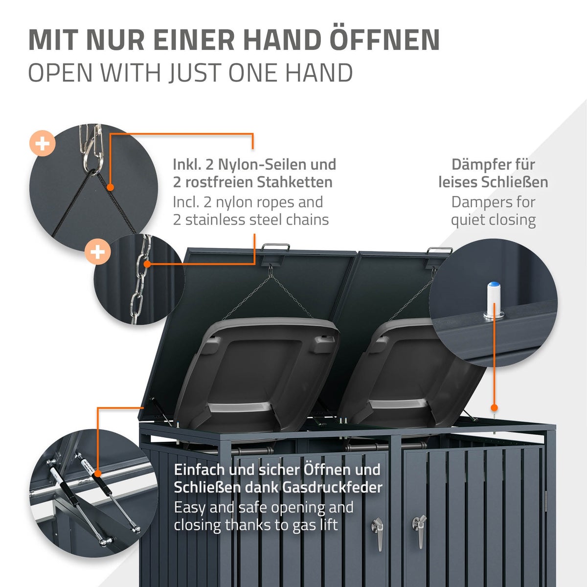 ML-Design Dubbele Bin-opslagunit voor 2 x 240L-containers, 132 x 80 x 116,3 cm, Antraciet, Staal, Weerbestendig, Afsluitbare containerbehuizing met scharnierend deksel/2 deuren, Containeropslagunit, Container, Containerdeksel