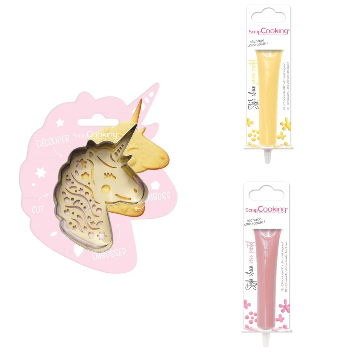 Kit pour biscuit en relief Licorne + 2 Stylos au chocolat jaune pastel