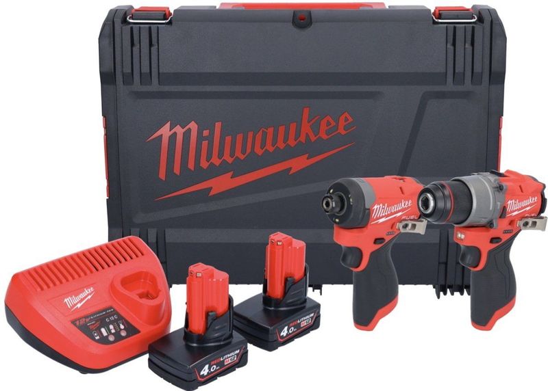 Milwaukee - M12 POWERPACK - Accu Slagboormachine/Slagschroevendraaier Set - 12V - Incl. 4.0 Ah Accu's [2x] en Lader in HD BOX