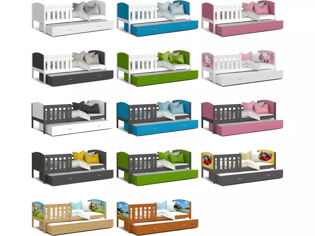 Lit Gigogne Tomy 90x190 Blanc - bleu Livré avec sommiers, tiroir et matelas en mousse de 7cm