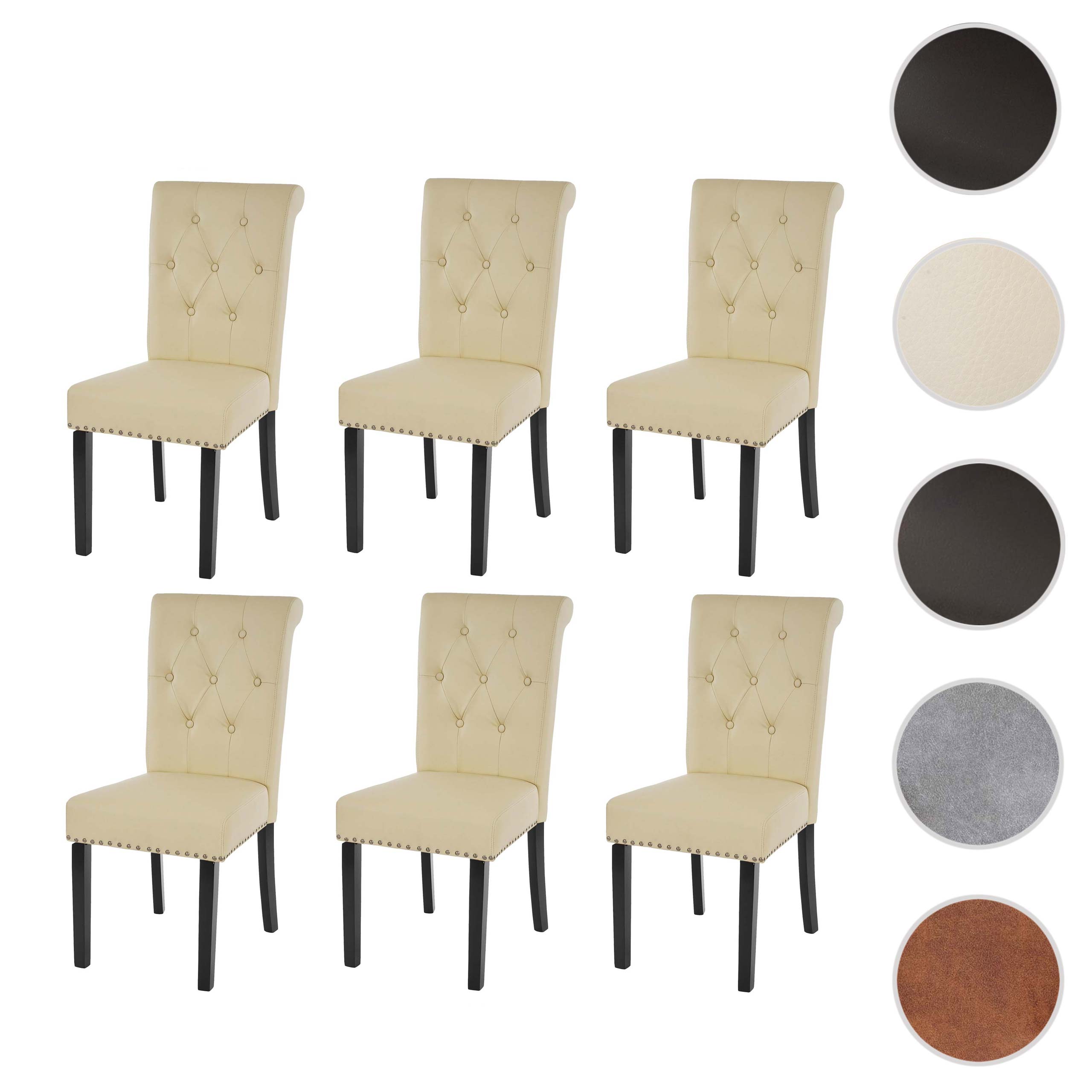 6er-Set Esszimmerstuhl Chesterfield Edinburgh II, Stuhl Küchenstuhl, Nieten ~ Kunstleder, creme, dunkle Beine