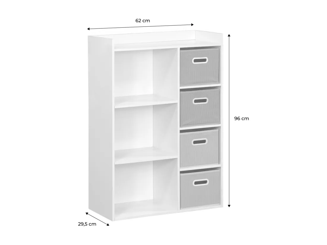 Meuble de rangement pour enfant avec 7 compartiments et 2 paniers roses et 2 paniers gris en velours
