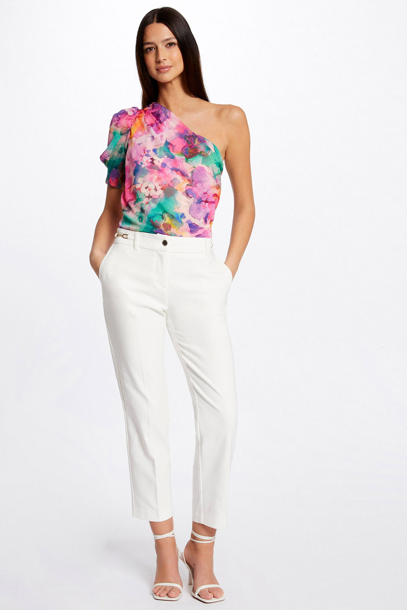 Blusa assimétrica com estampa floral - Multicolorida