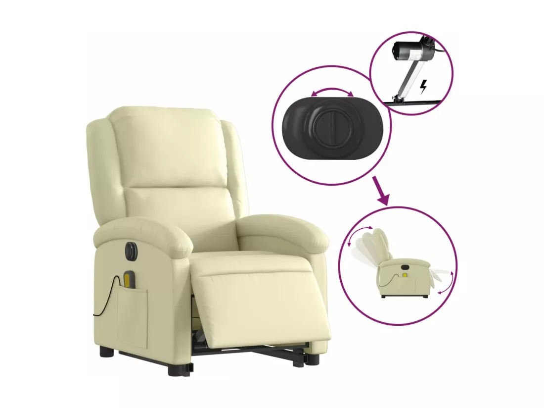 Fauteuil inclinable massant électrique crème cuir véritable
