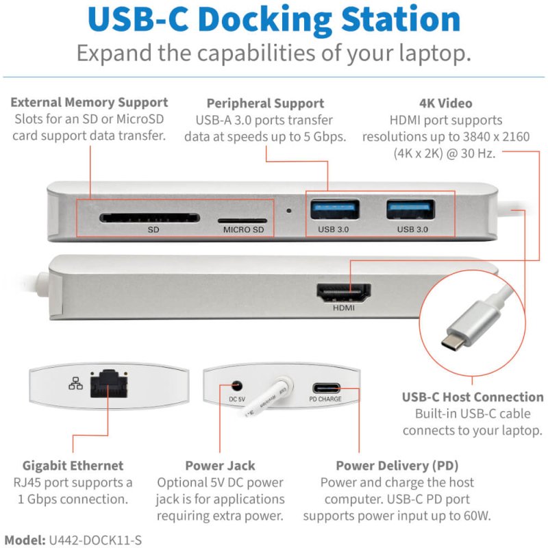 Tripp Lite U442-DOCK11-S station d'accueil USB 3.2 Gen 2 (3.1 Gen 2) Type-C Argent