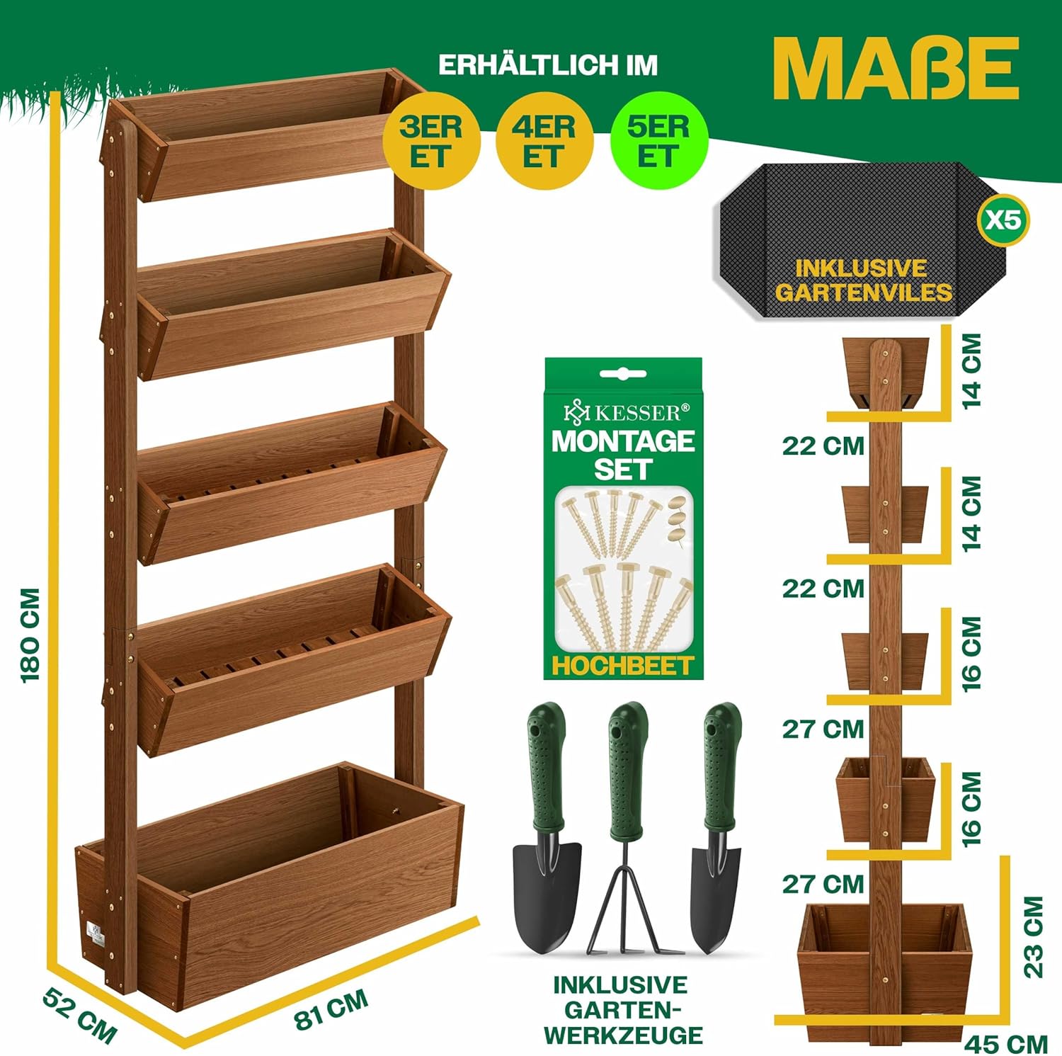 KESSER® Hochbeet mit 5 Etagen Premium Blumenkasten Blumentreppe Pflanztreppe Gemüsebeet Kräuterbeet Pflanzkübel Frühbeet Blumenbeet Pflanzkasten mit Gartenvlies - Beet inkl. Schaufelset, Braun