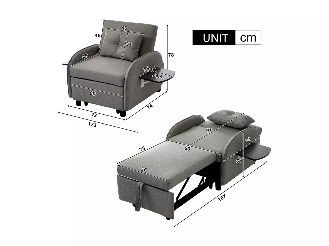 Fauteuil escamotable en lin - avec tables d'appoint pliantes - Gris