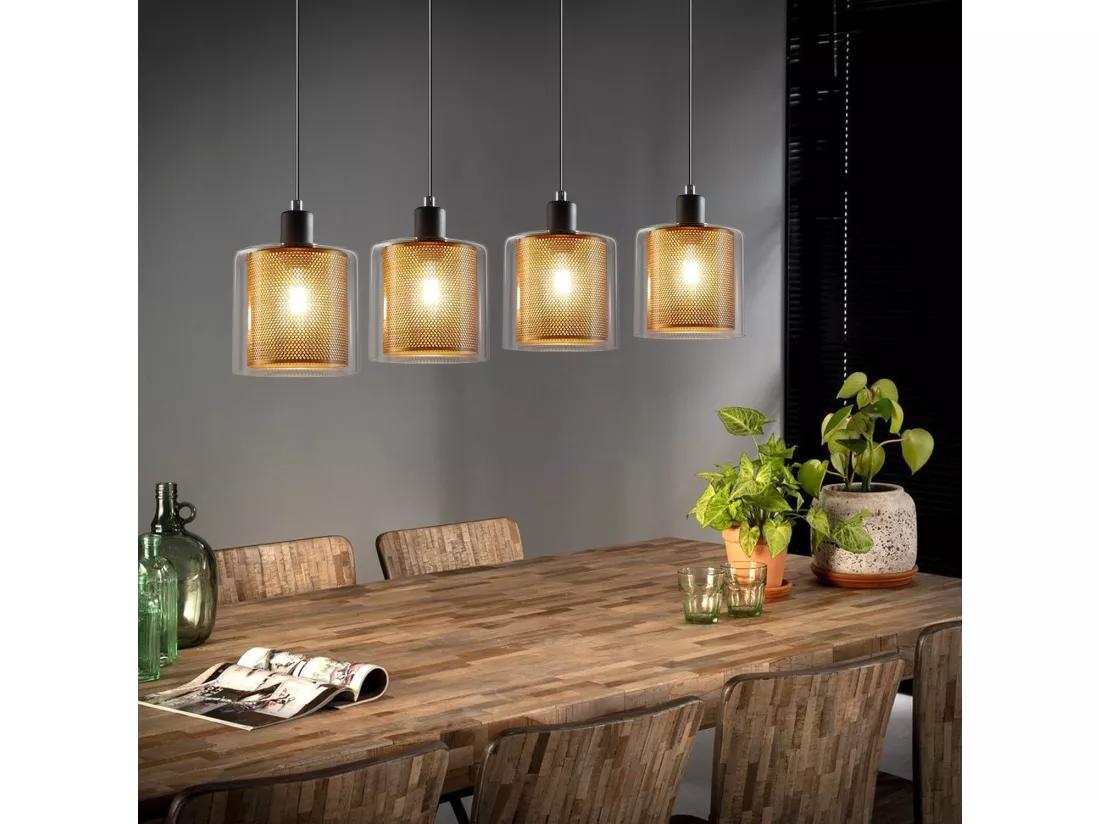 NETTLIFE Suspension salon doré lampe suspendue vintage 3 ampoules E14 verre industriel HAUTEUR RÉGLABLE