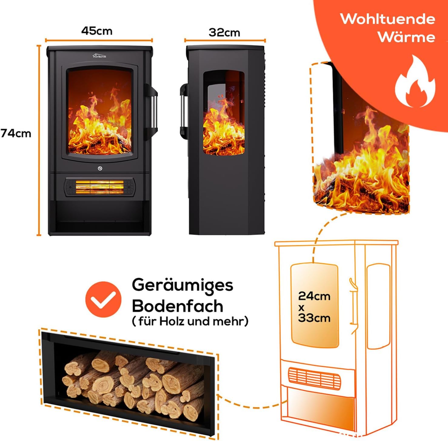 Tronitechnik® Elektrokamin elektrisch - Kaminfeuer mit LED Flammeneffekt, 1kW/2kW Watt Kamin, mit Thermostat Panorama-Sichtfenster Heizfunktion, 2 Heizstufen, mit Ventilation