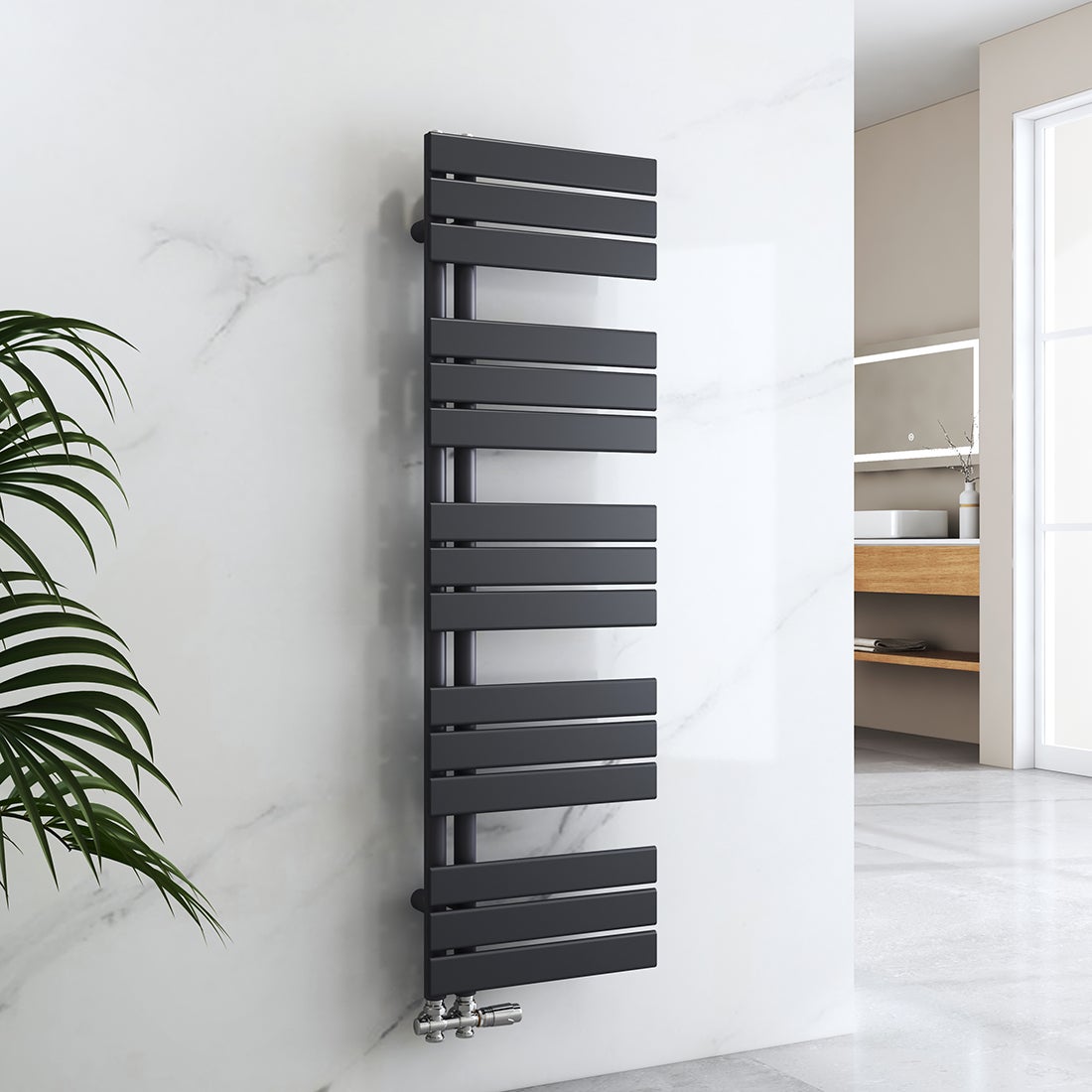 EMKE Flat Badkamerradiator 1320x400 mm Antraciet, Handdoekwarmer voor Badkamers, Handdoekdroger, Paneelhanddoekhouder met Zijwateraansluiting, 570W