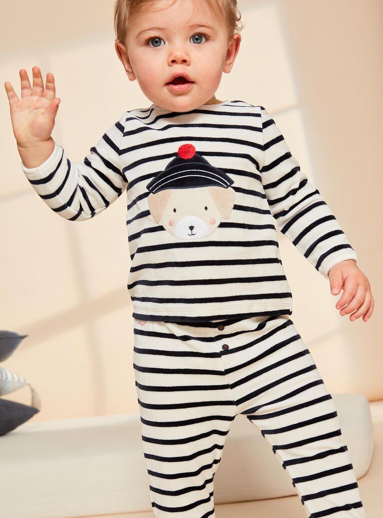 Pyjama deux pièces beige clair chiné en velours avec broderie tête de chien
