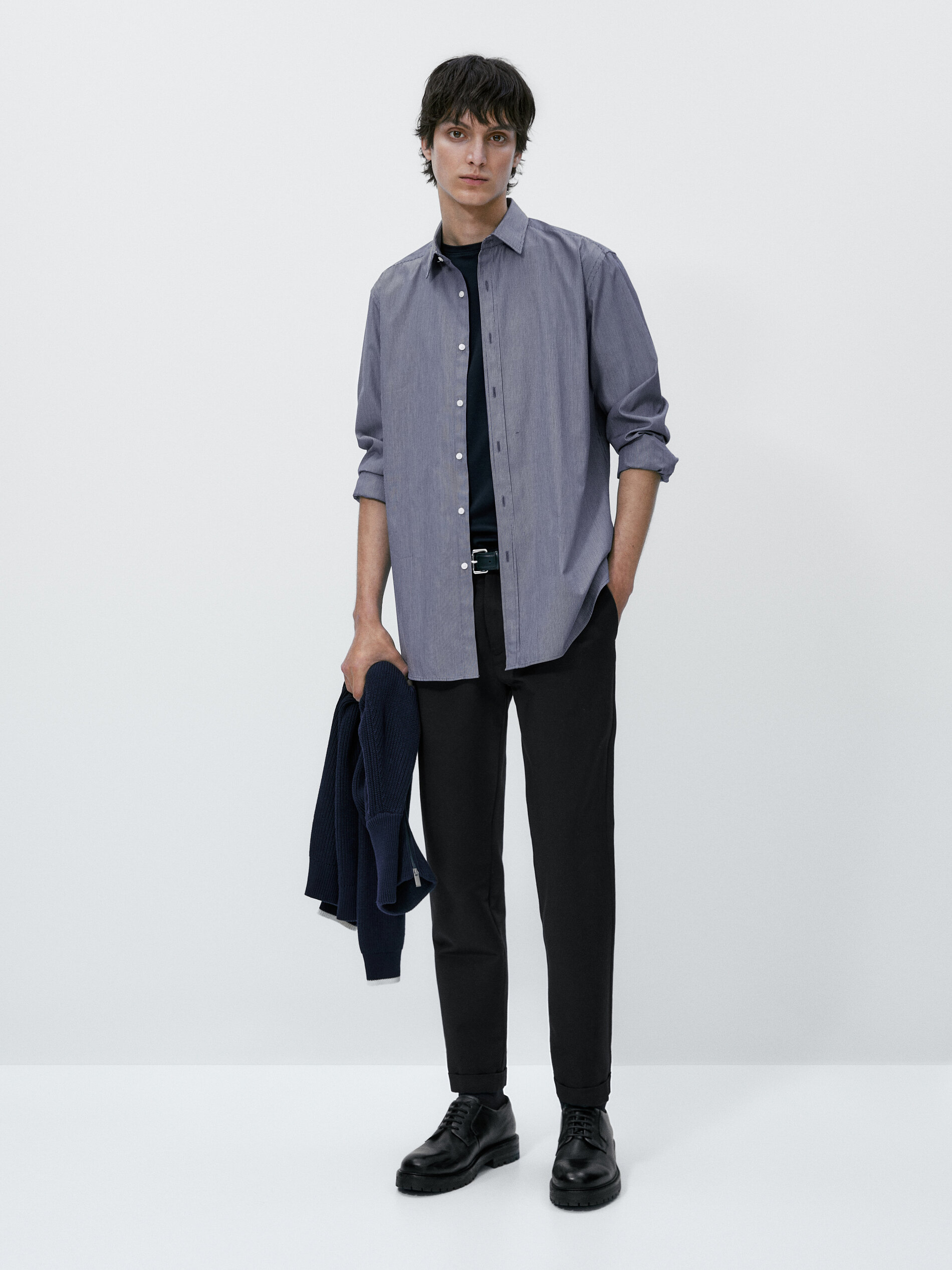 Camisa listrada de algodão popeline com modelagem slim - AZUL MARINHO