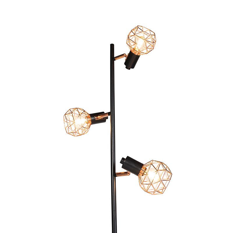 Vloerlamp zwart met koper 3-lichts - Mesh