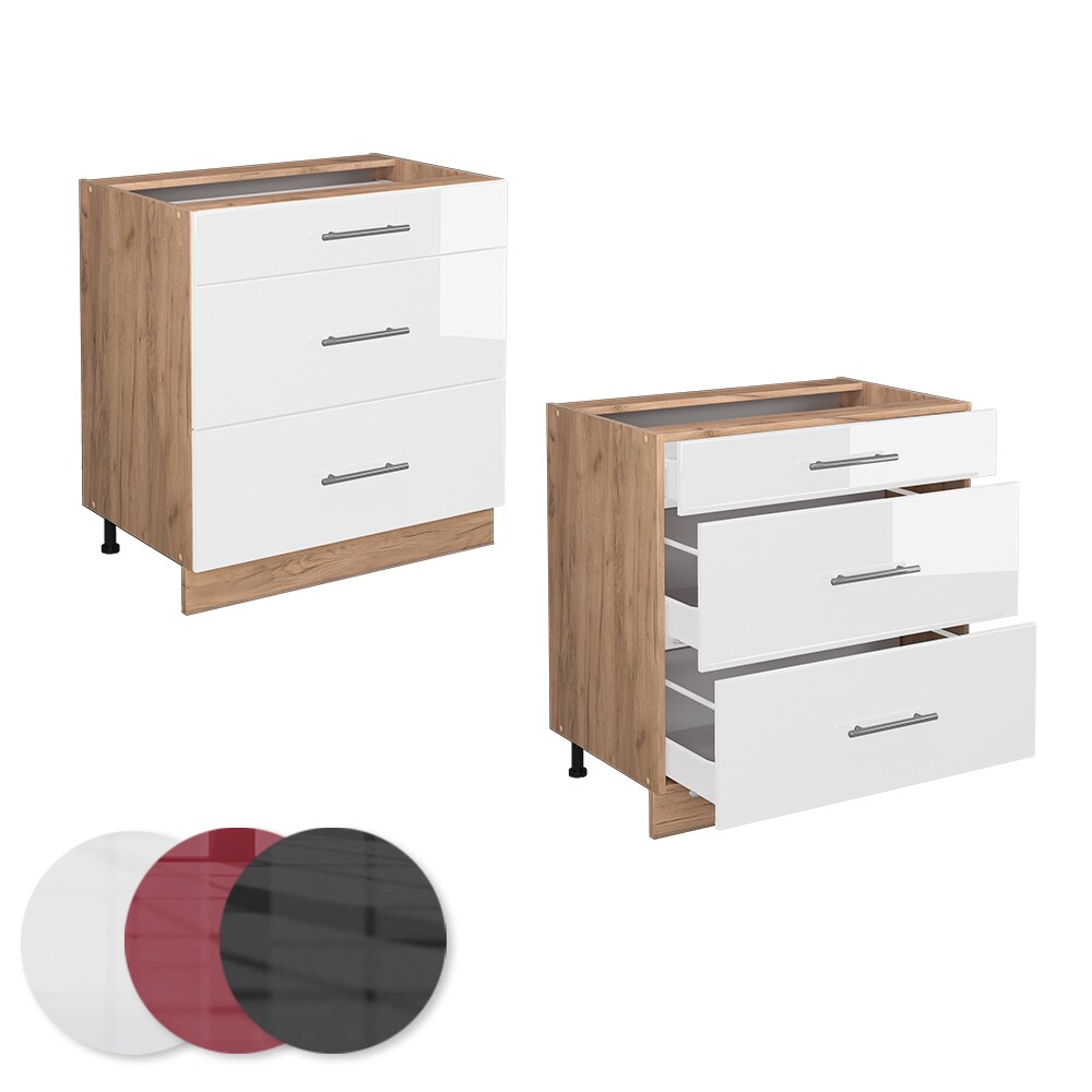 Vicco Schubladenunterschrank Küchenschrank Küchenmöbel Fame-Line Eiche Weiß 80 cm modern Hochglanz Küche Einbauküche Drehtür Blende Schublade Küchenunterschrank Küchenzeile