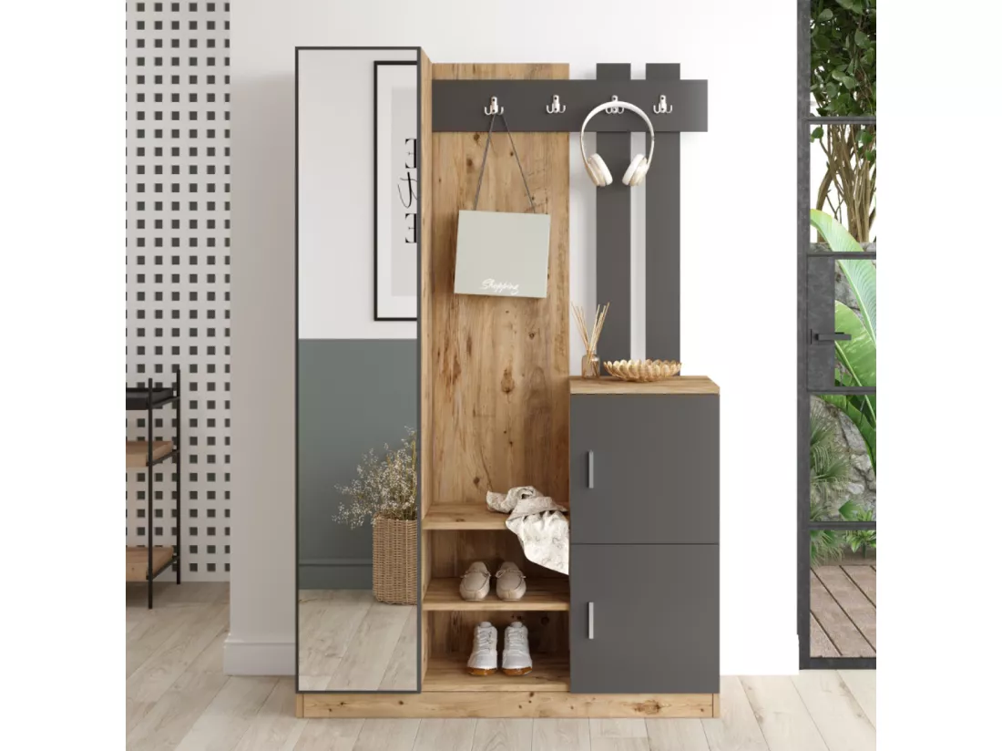 Meuble d'entrée design bois et gris miroir ANKA
