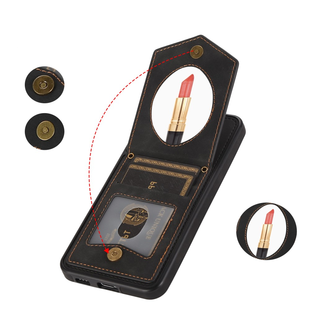 Samsung Galaxy S23 5G Necklace Leder Hülle im Litchi Look mit Spiegel (RFID Schutz) - Schwarz