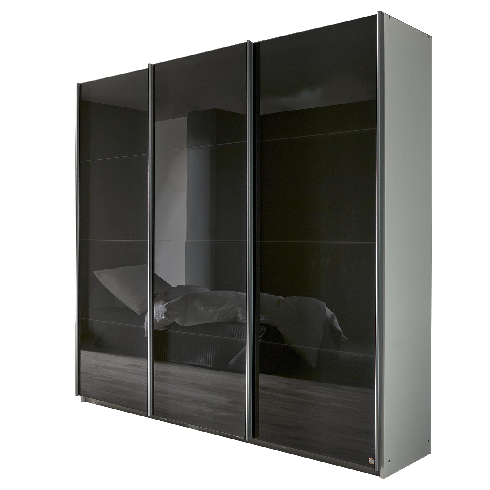 Schwebetürenschrank - basalt - alpinweiß - 3 Glastüren - 203x210 cm