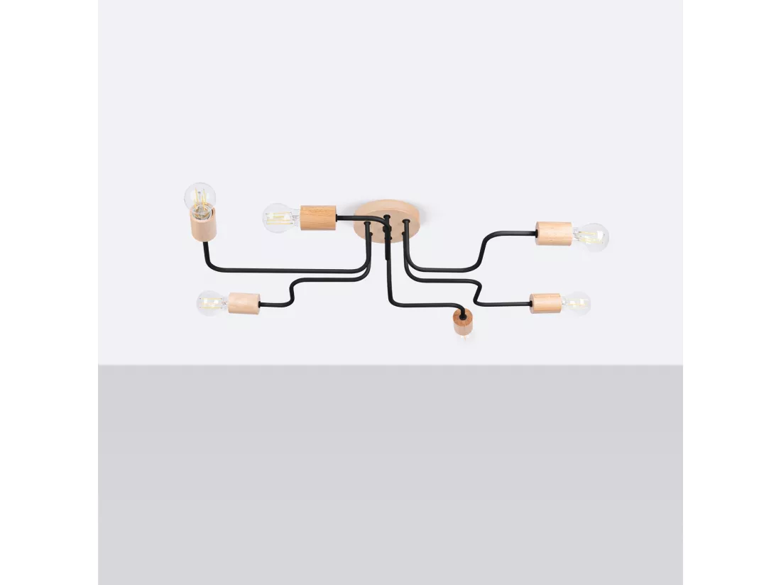 Lustre Timbo grenier en acier/bois - 6 sources lumineuses - L.85 x H.16,5 cm - noir/bois naturel