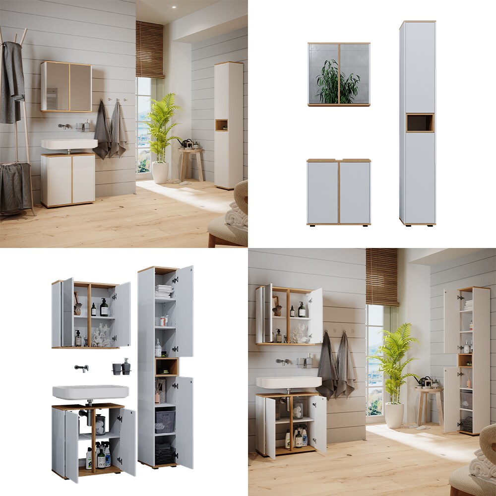 Vicco Badmöbel-Set Didi Weiß Eiche 3 Teile mit Hochschrank
