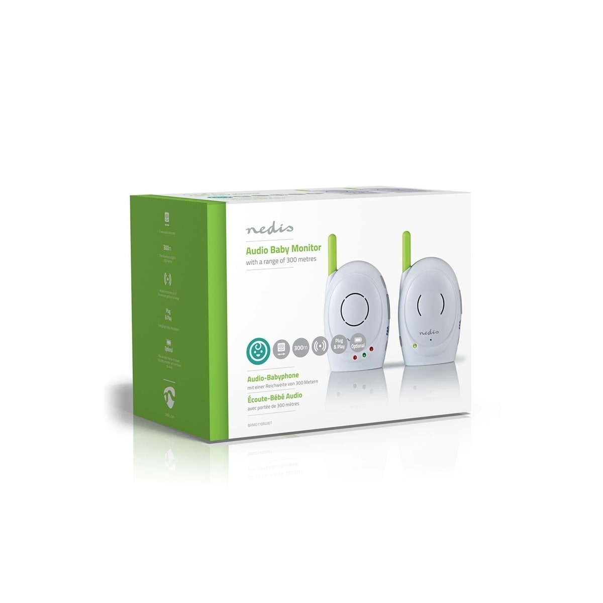 Nedis Audio Baby Monitor | FHSS (Frequency-Hopping Spread Spectrum) | Med snakk-tilbake-funksjon | Område: 300 m | Batteri drevet / Nettstrøm drevet | Grøn / Hvit