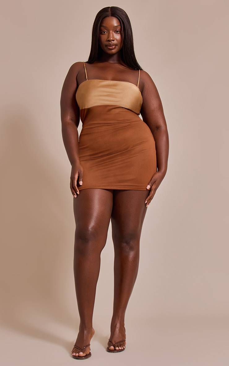 Marron Robe Mini Moulante Grande Taille À Bretelles Avec Empiècement Contrasté Au Buste