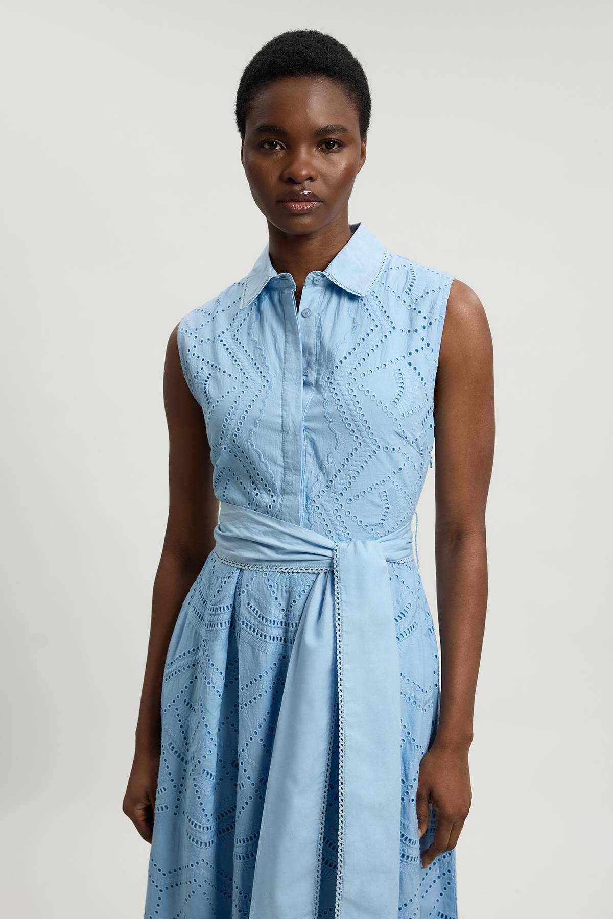 KarenMillen Robe Chemise Sans Manches En Coton Broderie Anglaise À Ourlet Festonné